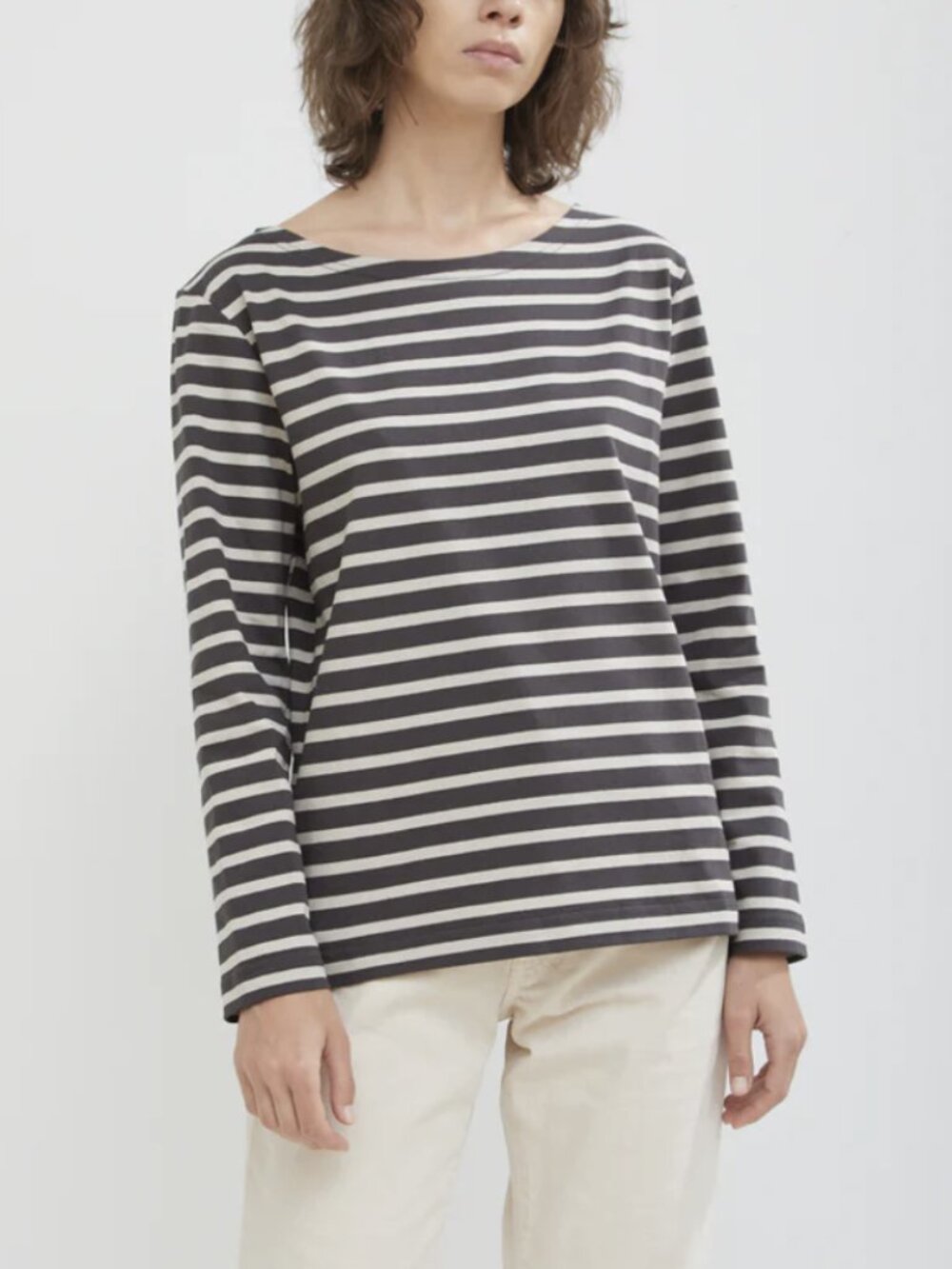 MHL Margaret Howell Matelot Stripe Cotton Tee Mid-Grey Chalk Cotton Long Sleeve